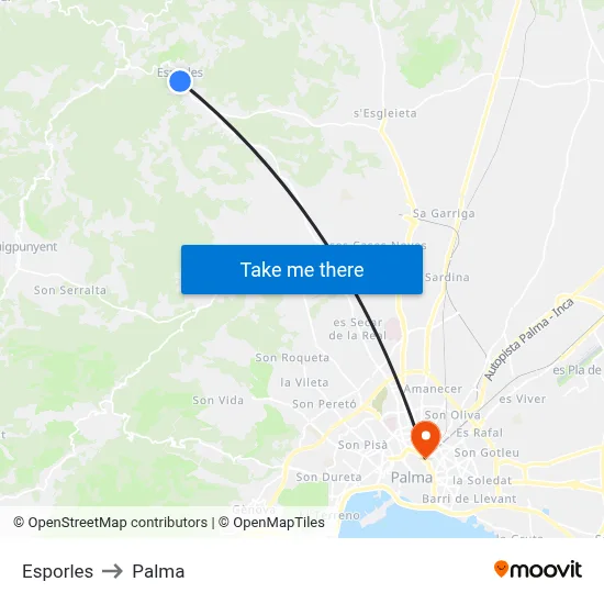 Esporles to Palma map