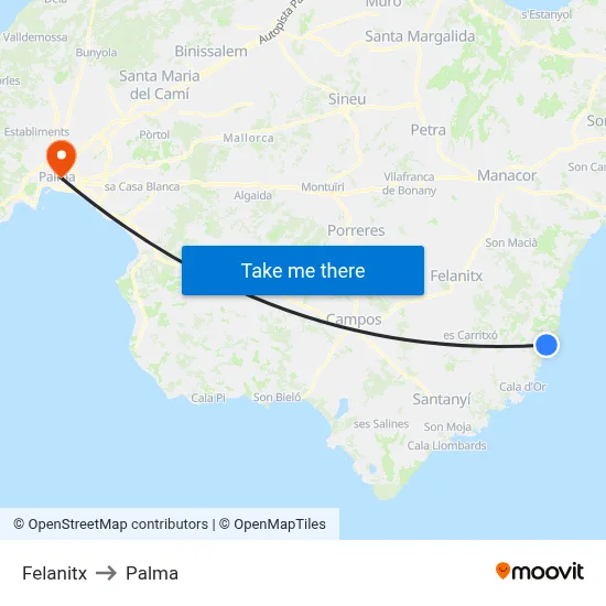 Felanitx to Palma map