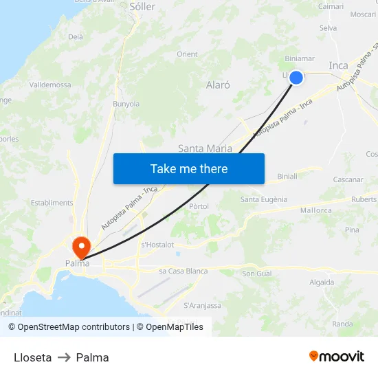 Lloseta to Palma map