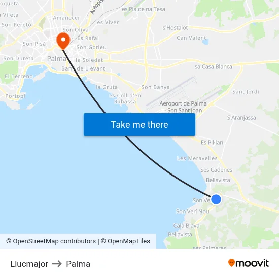 Llucmajor to Palma map