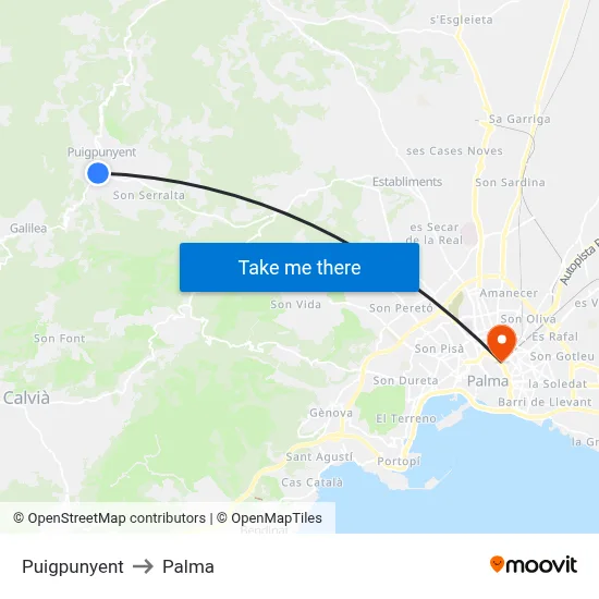 Puigpunyent to Palma map