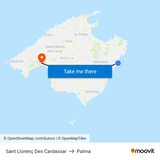 Sant Llorenç Des Cardassar to Palma map