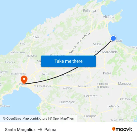Santa Margalida to Palma map