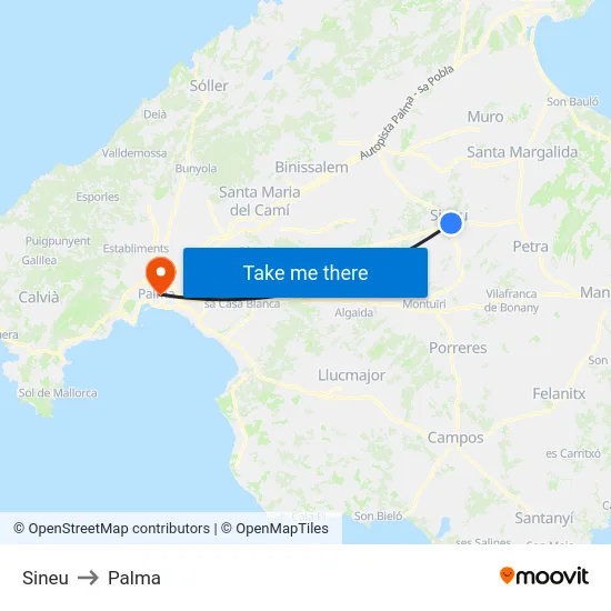 Sineu to Palma map