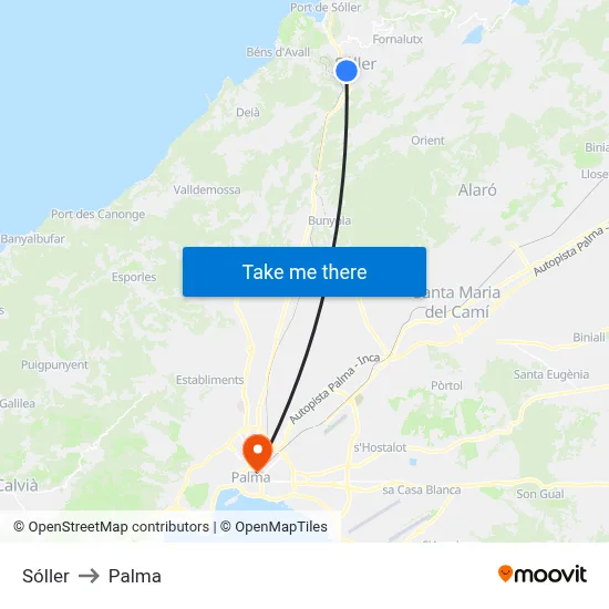 Sóller to Palma map