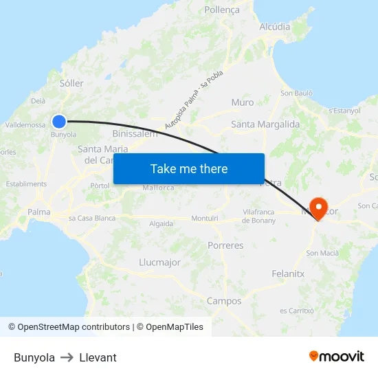 Bunyola to Llevant map