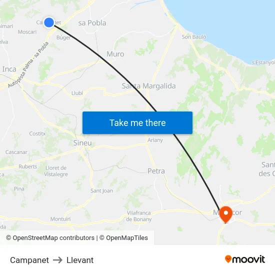 Campanet to Llevant map
