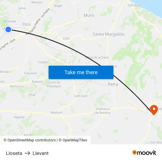 Lloseta to Llevant map