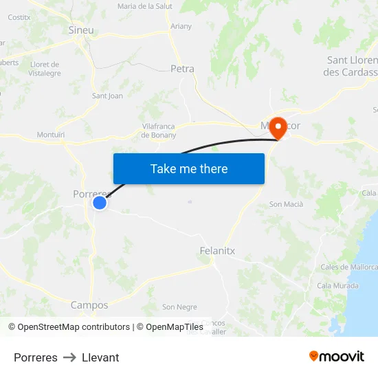 Porreres to Llevant map