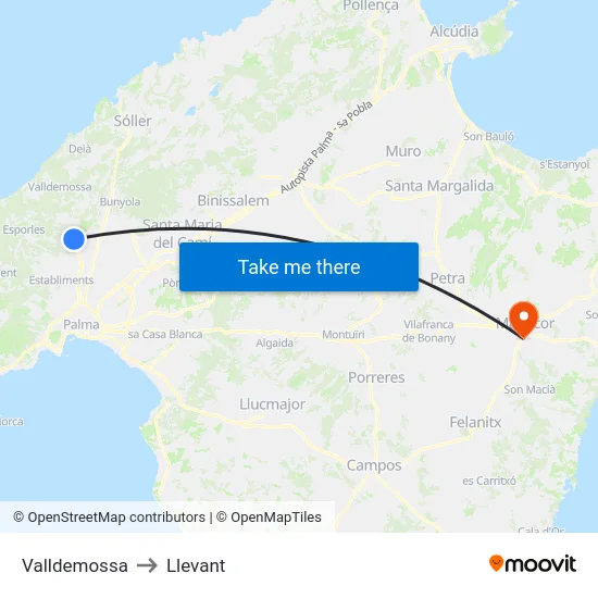Valldemossa to Llevant map
