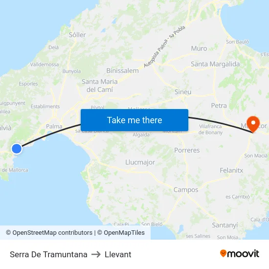Serra De Tramuntana to Llevant map
