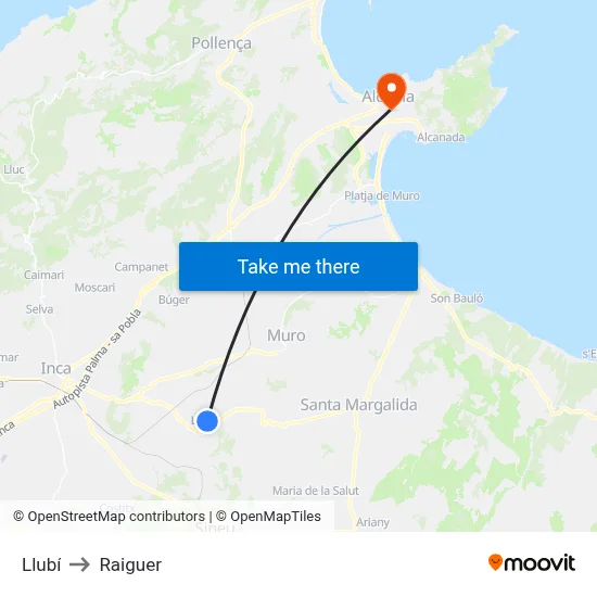 Llubí to Raiguer map