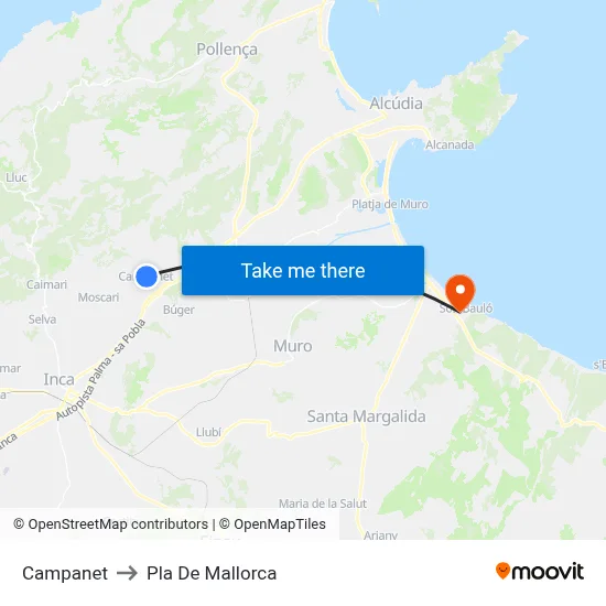 Campanet to Pla De Mallorca map