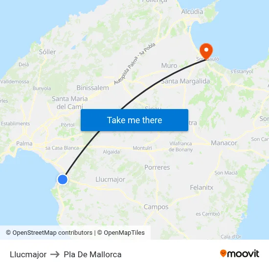 Llucmajor to Pla De Mallorca map