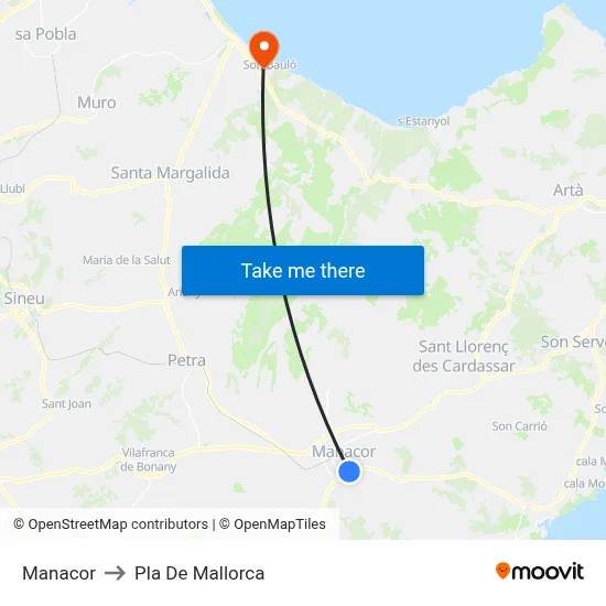 Manacor to Pla De Mallorca map