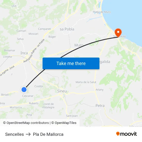 Sencelles to Pla De Mallorca map