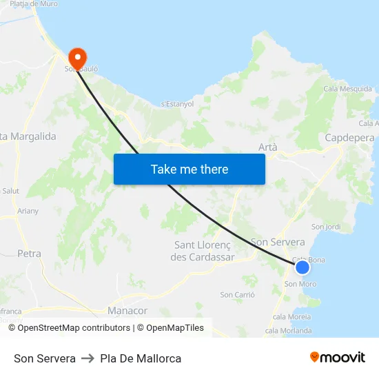 Son Servera to Pla De Mallorca map