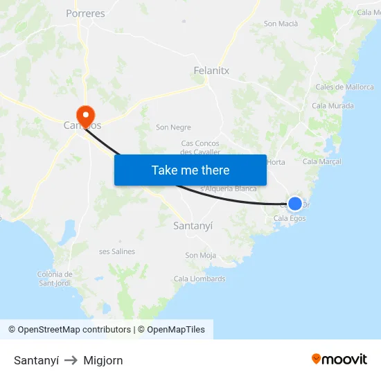Santanyí to Migjorn map