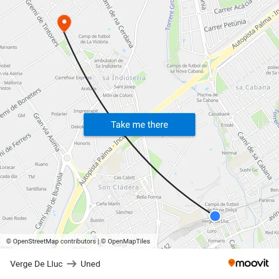 Verge De Lluc to Uned map