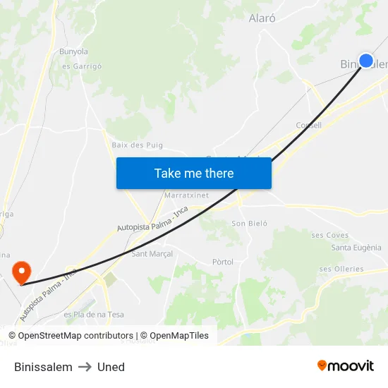 Binissalem to Uned map