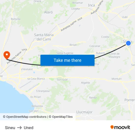 Sineu to Uned map