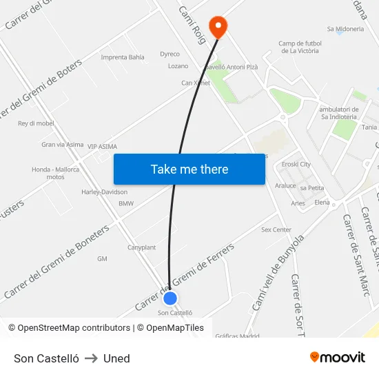 Son Castelló to Uned map