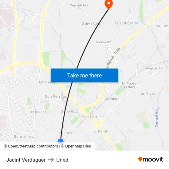 Jacint Verdaguer to Uned map