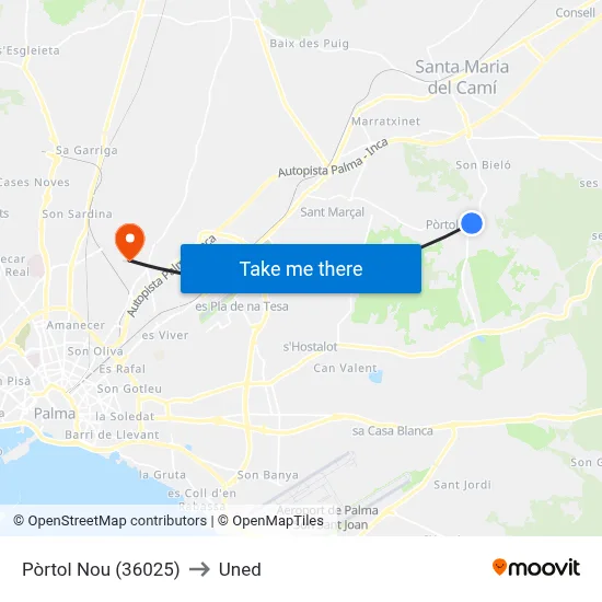 Pòrtol Nou (36025) to Uned map