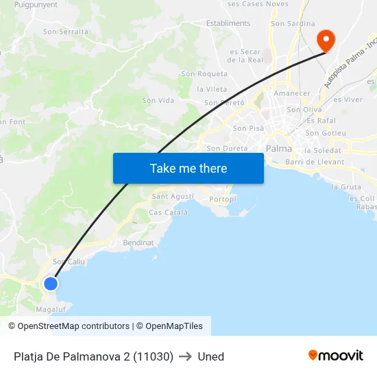 Platja De Palmanova 2 (11030) to Uned map
