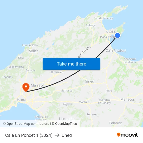Cala En Poncet 1 (3024) to Uned map