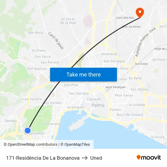 171-Residència De La Bonanova to Uned map
