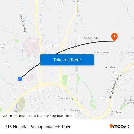 718-Hospital Palmaplanas to Uned map