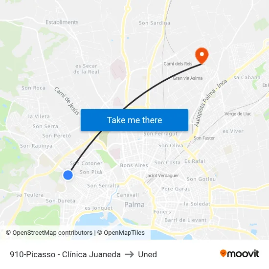 910-Picasso - Clínica Juaneda to Uned map