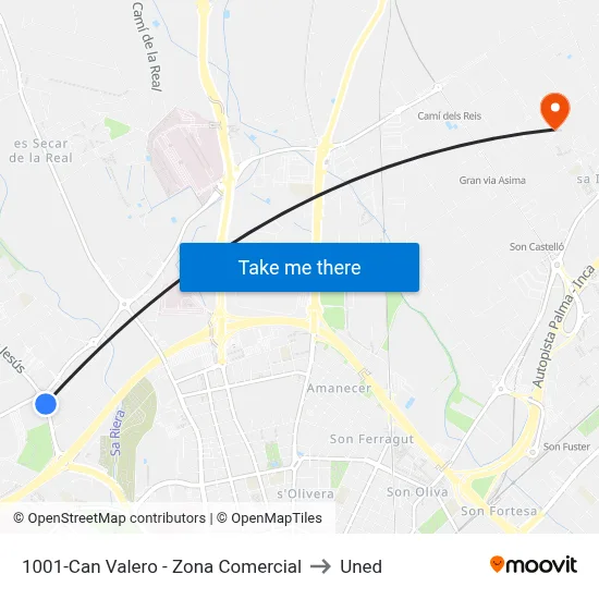 1001-Can Valero - Zona Comercial to Uned map