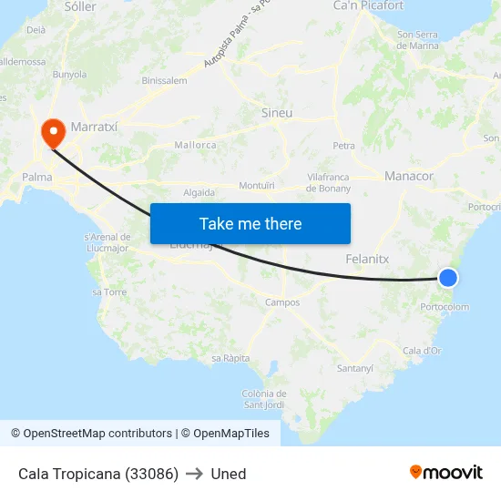 Cala Tropicana (33086) to Uned map