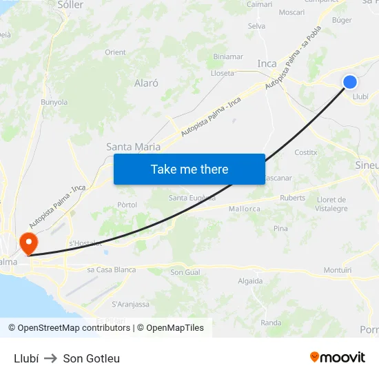 Llubí to Son Gotleu map