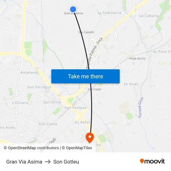 Gran Via Asima to Son Gotleu map