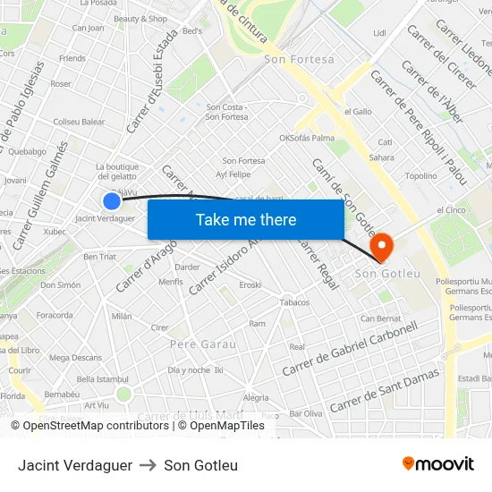 Jacint Verdaguer to Son Gotleu map