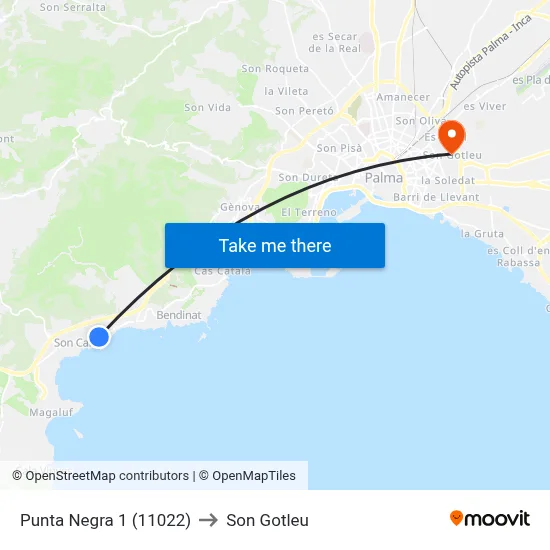 Punta Negra 1 (11022) to Son Gotleu map