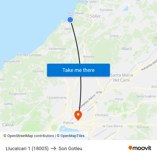Llucalcari 1 (18005) to Son Gotleu map