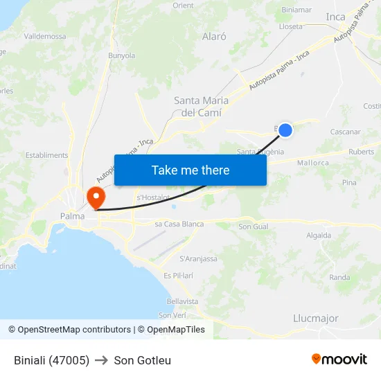 Biniali (47005) to Son Gotleu map