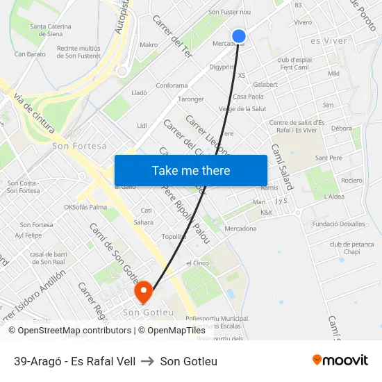 39-Aragó - Es Rafal Vell to Son Gotleu map