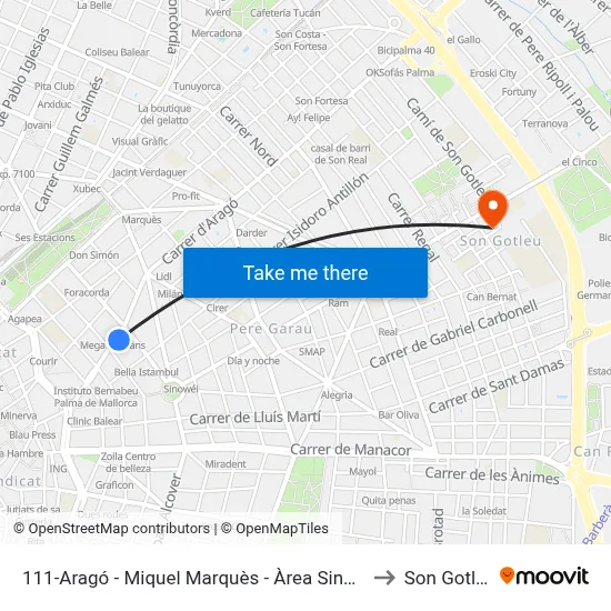 111-Aragó - Miquel Marquès - Àrea Sindicat to Son Gotleu map