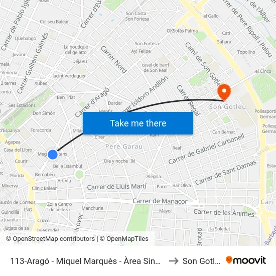 113-Aragó - Miquel Marquès - Àrea Sindicat to Son Gotleu map