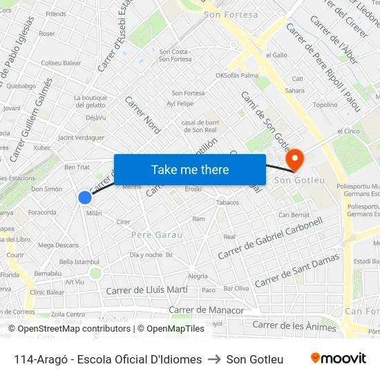 114-Aragó - Escola Oficial D'Idiomes to Son Gotleu map