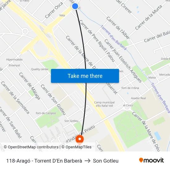 118-Aragó - Torrent D'En Barberà to Son Gotleu map