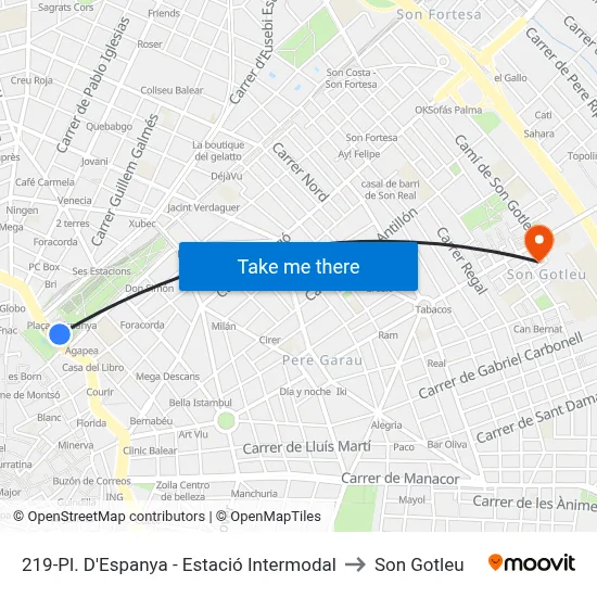 219-Pl. D'Espanya - Estació Intermodal to Son Gotleu map
