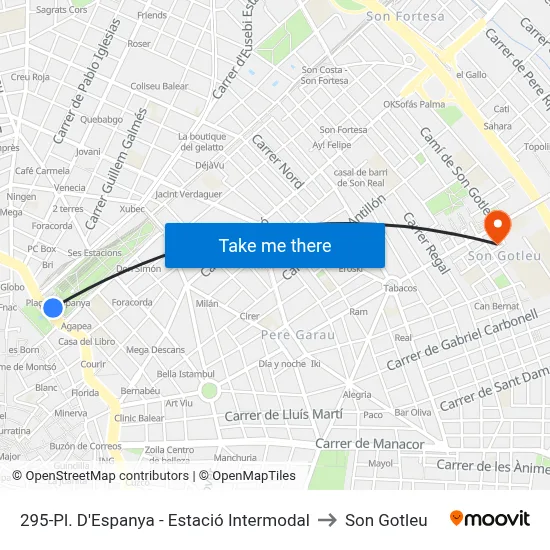 295-Pl. D'Espanya - Estació Intermodal to Son Gotleu map