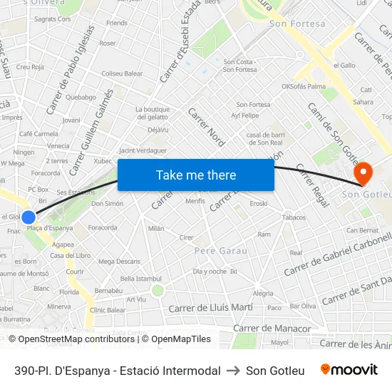 390-Pl. D'Espanya - Estació Intermodal to Son Gotleu map