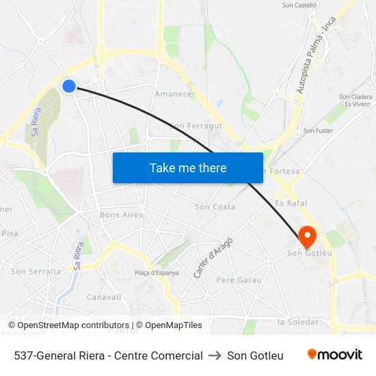 537-General Riera - Centre Comercial to Son Gotleu map
